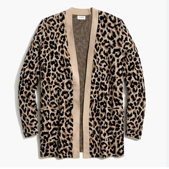 J. Crew Chunky Leopard Print Open Front Tan Black Long Cardigan Cotton Medium - Picture 1 of 7